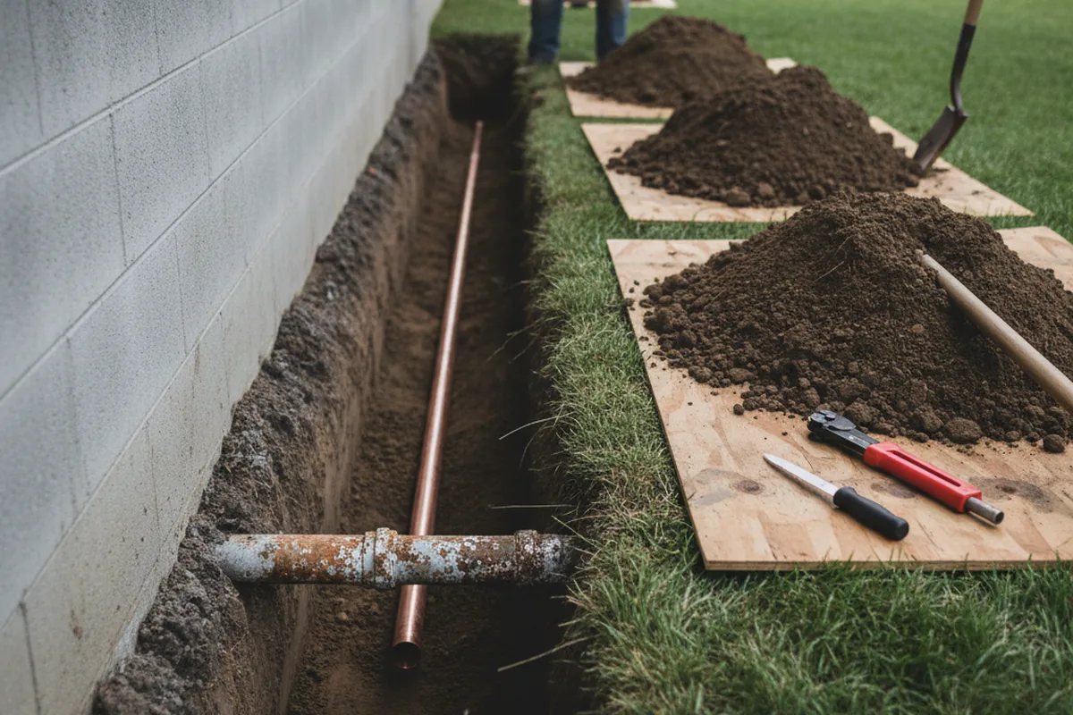 Excavated water line trench during Sewer Line Repair in Tomball